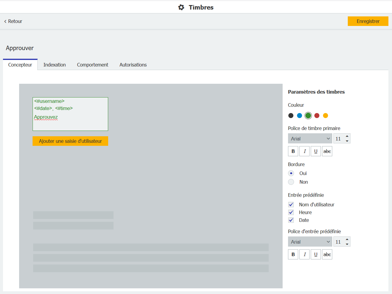 DocuWare : Un aperçu montre les entrées de timbres lors de la configuration.